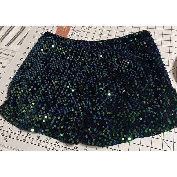 NWT High Waist Sequin Shorts Green Blue Sz L - Picture 2 of 5